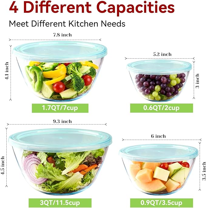 YUANYE 4 Pack Glass Mixing Bowls with Lids Set (3/1.7/0.9/0.6QT),Thick Glass Large Salad Bowl Set, Nesting Kitchen Bowls for Serving, Prepping, Cooking and Baking, Dishwasher, Oven,Microwave Safe