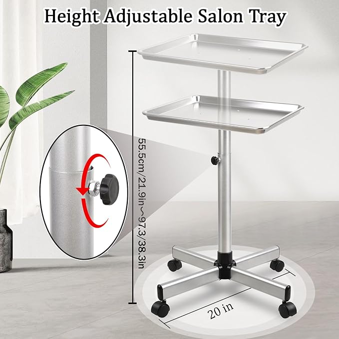 Salon Tray Cart,Instrument Tattoo Trolley Tray with Wheels Adjustable Height,Height Adjustble Hair Color Storage Tray Cart