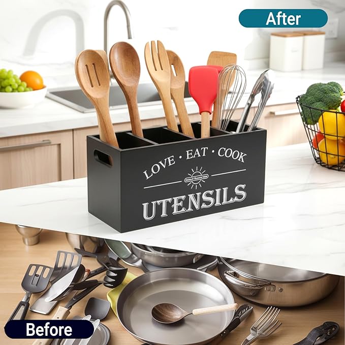 Natural Summertime 2 PC Wooden Utensil Holder,（With 4-Compartments size*1 + 3-Compartments size*1） Extra Large Kitchen Counter,Cooking Spatula Organizer,Farmhouse Decor, Rustic Cooking Utensil
