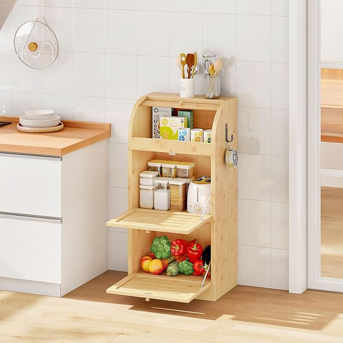 HOOBRO Potato Storage Bin, Large Bamboo Bread Box for Kitchen Counter, 3 Tier Onion Organizer with Grocery Section, Decorative Fruit and Vegetable Box for Kitchen, Natural YL14MB01