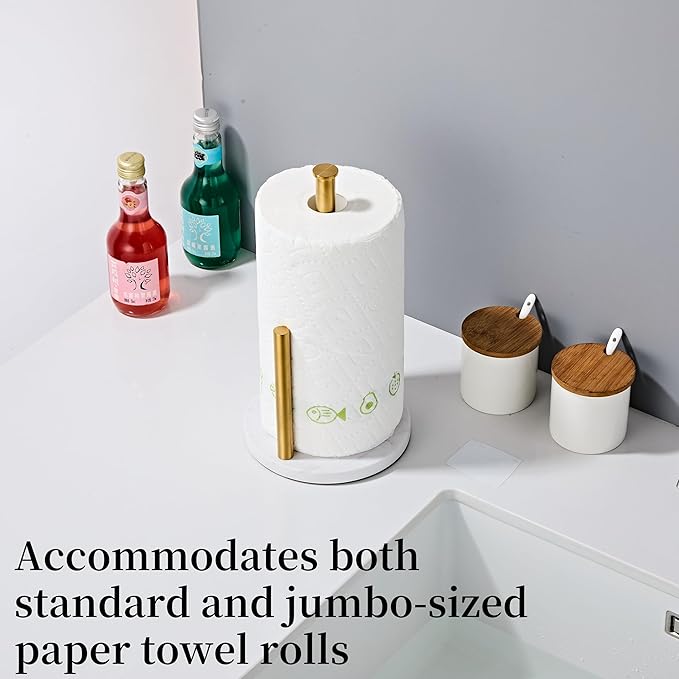 Brushed Gold Paper Towel Holder,Stainless Steel Paper Towel Holder for Kitchen Roll Organize, Standard or Jumbo-Sized Roll Paper, Countertop Roll Dispenser with Marble Base