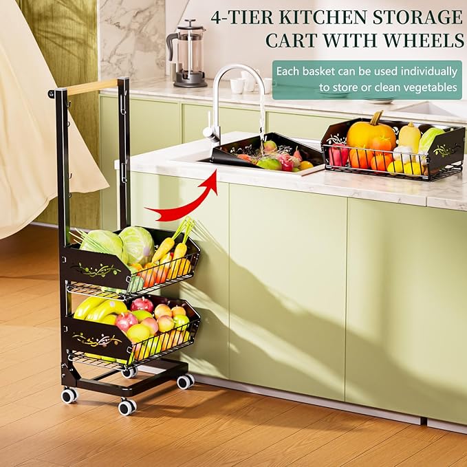 Heavy 4-Tier Snack Cart with Wheels ，Removable Rolling Pantry Floor Organizers ，Upgraded Wider and Thicker, Kitchen Fruit Basket Stand and Storage Rack for Fruit Snack Onion Potato
