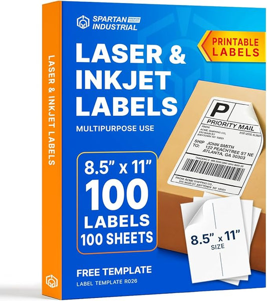 8.5" X 11" Full-Sheet Printable Labels for Inkjet and Laser Printers - 100 Sheets, 100 Custom Stickers for Shipping Labels, Mailing, Personalized Stickers for Crafts - Spartan Industrial Template R026