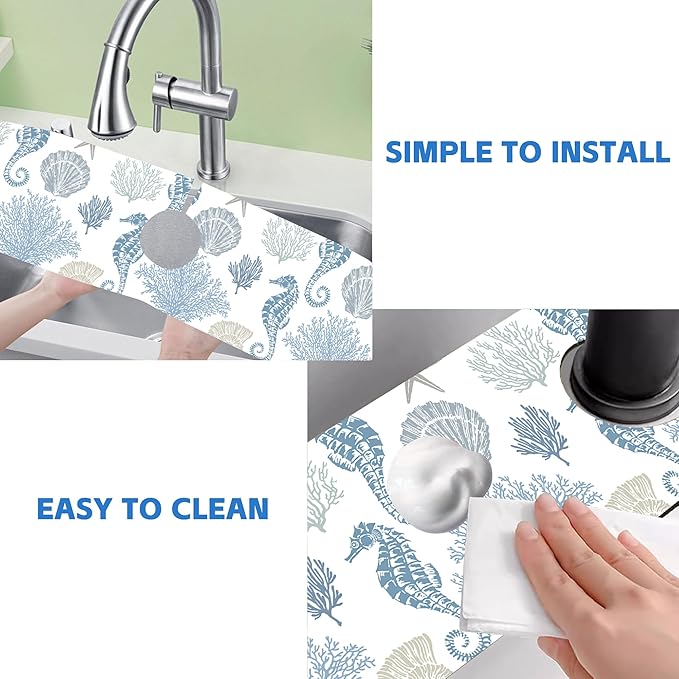 Marine Seashell Seahorse Coral Kitchen Sink Splash Guard Mat Absorbent Fast Drying Mat Faucet Draining Mat Sink Splash Guard Behind Faucet Drip Catcher for Kitchen Bathroom 5.5"×24"