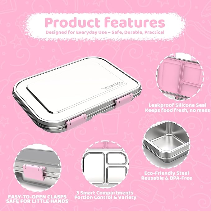 Stainless Steel Bento Box for Kids 1000ml - 3 Compartment Lunch Box for Adults, Leakproof Food Container, BPA-Free Metal Lunch Box with Silicone Seal, Eco-Friendly/Dishwasher Safe (Pink)