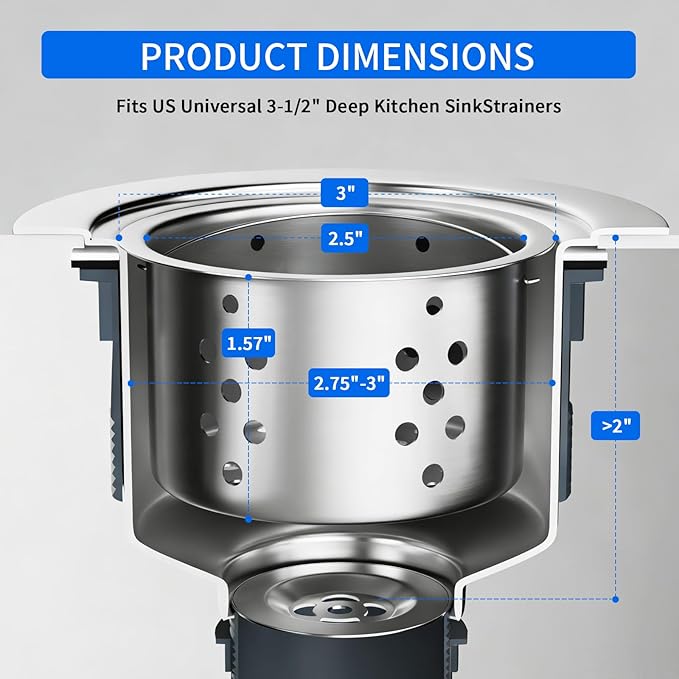 POPFLY SUS 304 Stainless Steel Deep Sink Strainer Basket – Fits Standard 3-1/2" Kitchen Drains, 2.5" Replacement Option – Removable Drain Basket with Handle for Easy Food Debris Cleaning