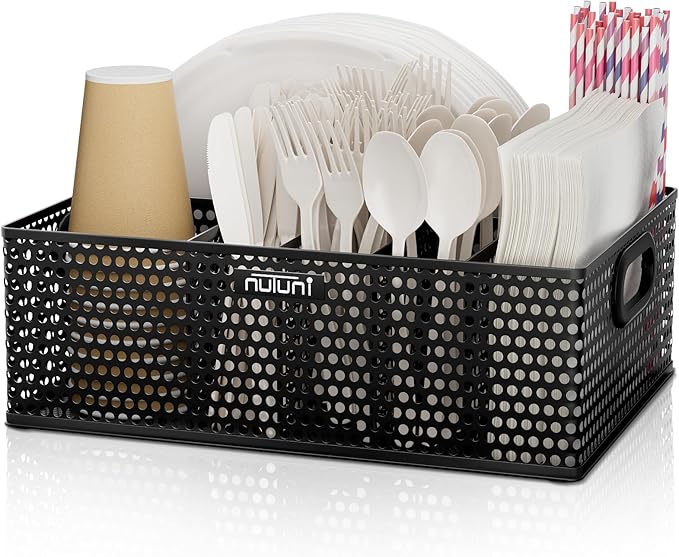 NUTUNI Paper Plate Organizer for Countertop, Perforated Metal Silverware Caddy for Plastic Spoon, Napkin, Utensils Holder with 6 Compartments for Party, Camping, Picnic