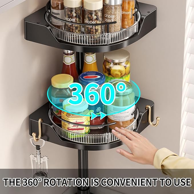 Kitchen Tension Pole Caddy, 19-39 Inch Adjustable No Drilling Countertop Organizer, 2 Tier 360 Rotating Corner Spice Rack for Salt with 2 Hooks for Kitchen, Spice Rack, Coffee Area(Black)