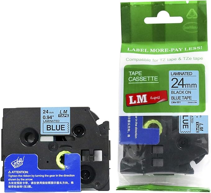 6/Pack LM Tapes - LMe-551 Premium 1" Black Print on Blue Label Compatible with Brother TZe-551 P-Touch and Includes Tape Color/Size Guide. Replaces TZ551 24mm 0.94 Laminated