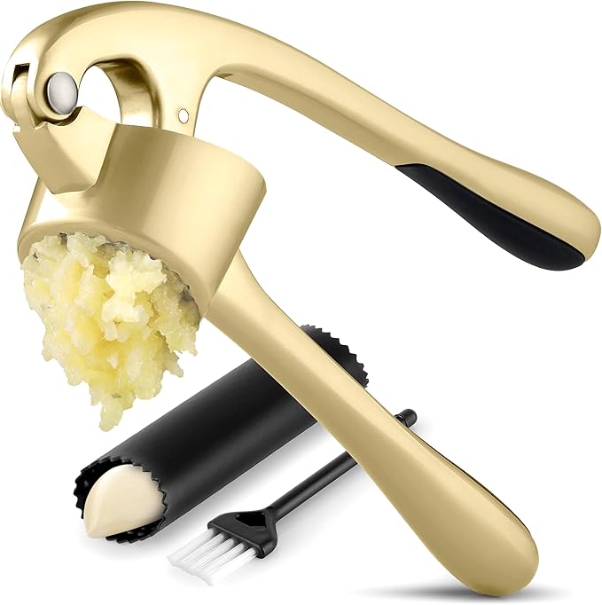 Zulay Kitchen Large Premium Garlic Press Set - Bigger Bowl for Bigger Garlic - Rust Proof Garlic Mincer Tool - Easy-Squeeze, Easy-Clean Silicone Garlic Peeler & Brush (Gold)