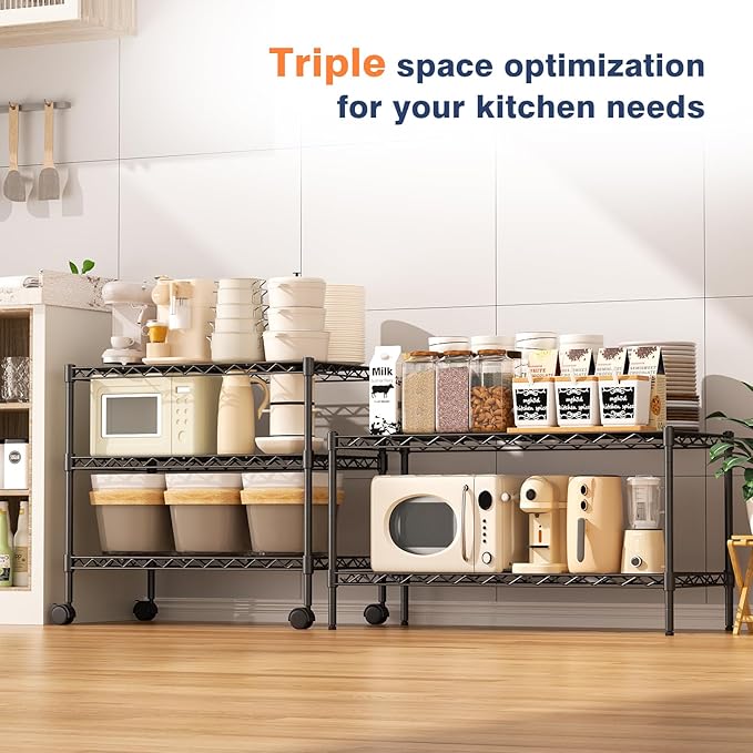 2-Tier Wire Shelving Unit,36" Wx18 Dx19.5 H,Wire Shelves Rack with Lockable Wheels,2 Shelf Height Adjustable Metal Storage for Living Room,Kitchen,Pantry,Closet,Office,Laundry