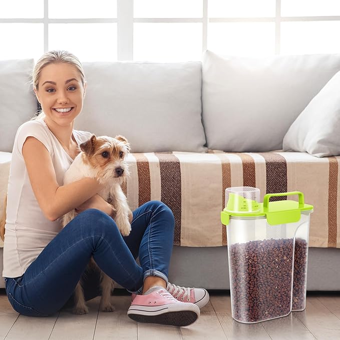 5-7Lbs/6Qt Dog Cat Storage Container Portable with Upgraded Large Spout and Cup, Plastic Pet Food Dispenser for Small Animal Kibble, Bird Bird Seed, Oatmeal, Rice, Flour, Brown Sugart-Bright Green