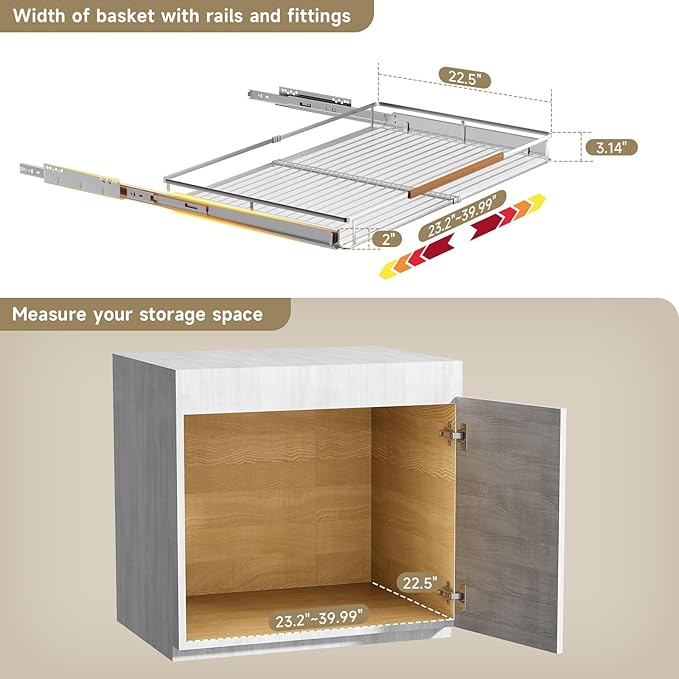 taiheis 1 Pack Expandable Pull Out Cabinet Organizer，Side Mounting 23.2~39.99"x22.5"Cabinet Pull Out Shelves, Expandable Slide Out Spice Rack for Kitchen Bathroom Office