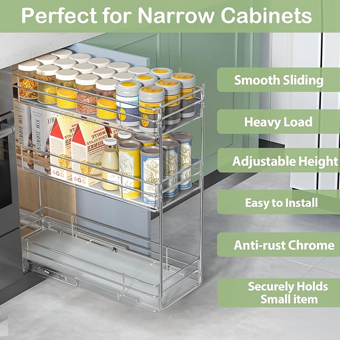 MODCART Pull Out Spice Rack Cabinet Organizer (6" W X 20½" D),3 Tier Slide Out Drawer for Narrow Cabinet, Pull Out Shelves Under Cabinet Storage for Kitchen