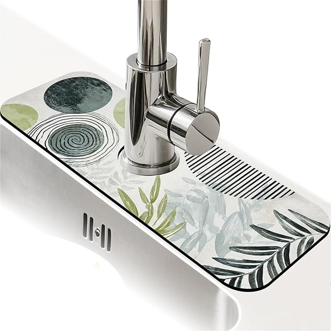 Kitchen Sink Splash Guard，Bohemian Art Plants Faucet Mat Sink Gadgets-Super Absorbent Fast Drying Mat Drip Catcher for Kitchen, Bathroom,Sink Mat, Dish Drying Mat, Bathroom(15" X 5.5" )