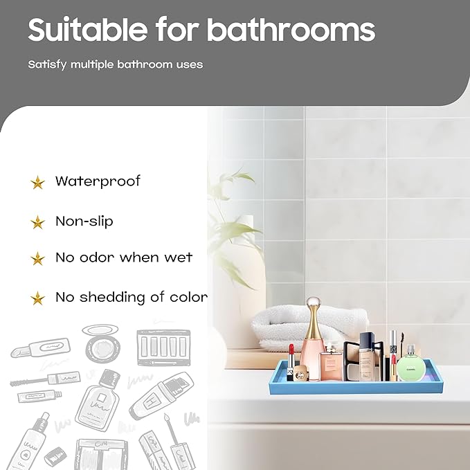 Mriluvy Vanity and Bathroom Tray, 11.8" ABS Countertop Organizer,Waterproof Vanity Tray for Toilet Tank,Perfume,Soap,Keys,Bathroom Accessories,Kitchen and Bath Trays,Non Slip Small Trays,Blue,2 Pack