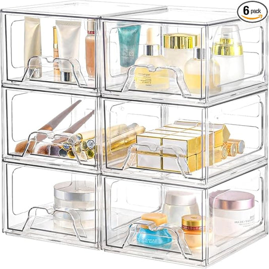 Plastic Drawers Storage, 6 Pack Clear Stackable Storage Drawers, Acrylic Storage Bins with Drawers for Fridge Organizers, Small PlasticDrawers Stackable for Makeup Organizers Cosmetic Display