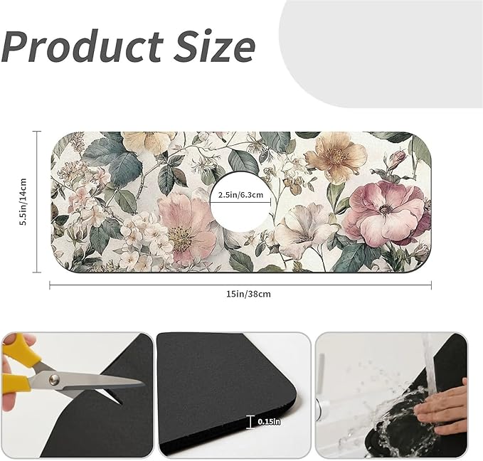 Kitchen Sink Splash Guard，Vintage botanical Faucet Mat Sink Gadgets-Super Absorbent Fast Drying Mat Drip Catcher for Kitchen, Bathroom,Sink Mat, Dish Drying Mat, Bathroom(15" X 5.5" )