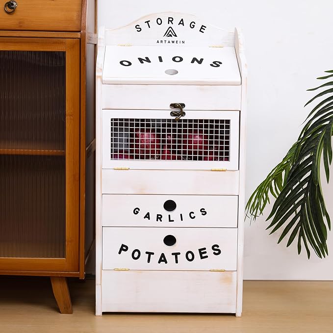 ARTAWEIN Pine Wood Veggie Bin for Potato, Onion and 1 Garlic Drawer Vegetable Box for Kitchen Storage, Solid Wood Vegetable Bin 13.77" L X 7.1" W X 29.3" H (Rustic White)