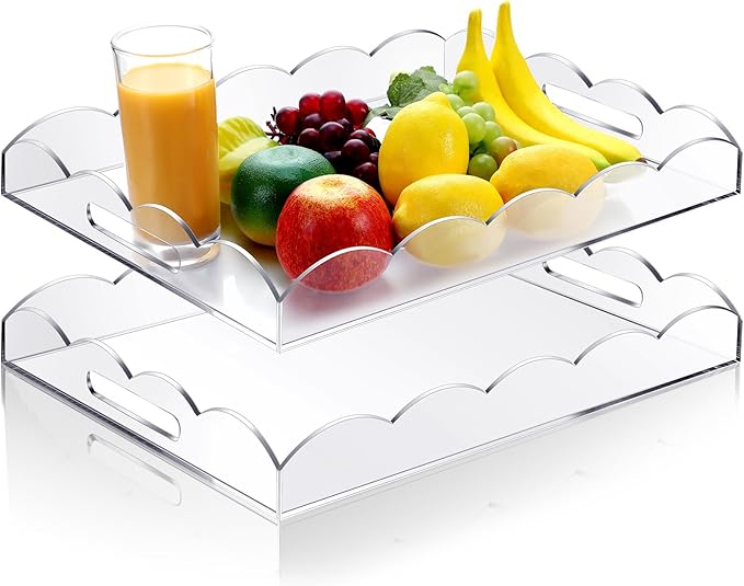 Tiangrid 2 Pack 16 x 12 Acrylic Clear Serving Trays with Handles, Scalloped Acrylic Decorative Tray Organiser for Display Food Ottoman Coffee Tables Kitchen Countertop Bathroom Makeup
