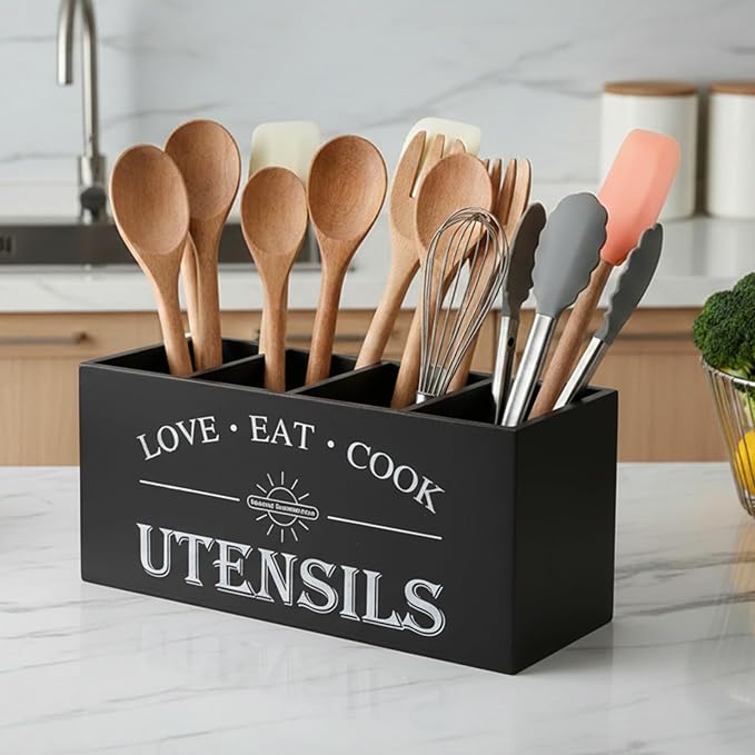 Natural Summertime 2 PC Wooden Utensil Holder,（With 4-Compartments size*1 + 3-Compartments size*1） Extra Large Kitchen Counter,Cooking Spatula Organizer,Farmhouse Decor, Rustic Cooking Utensil
