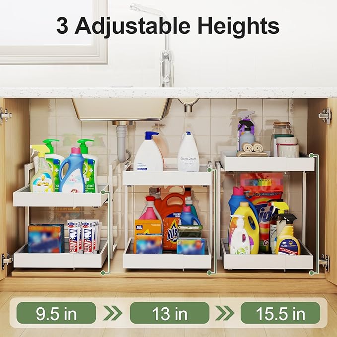 2 Tier Pull Out Cabinet Organizer ,Adjustable Width & Height, Expandable Pull-Out Drawers For Cabinets, Slide Out Shelves for Kitchen Cabinets / Countertop / Pantry,Heavy-Duty & Easy to Install(White)