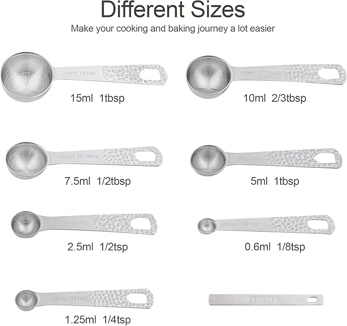 Hotsyang Measuring Spoons Set, 18/8 Stainless Steel Measuring Spoons Set for Dry&Liquid, Metal Metric & US Measuring Spoon with 1 Leveler and Locking Ring for Kitchen & Baking