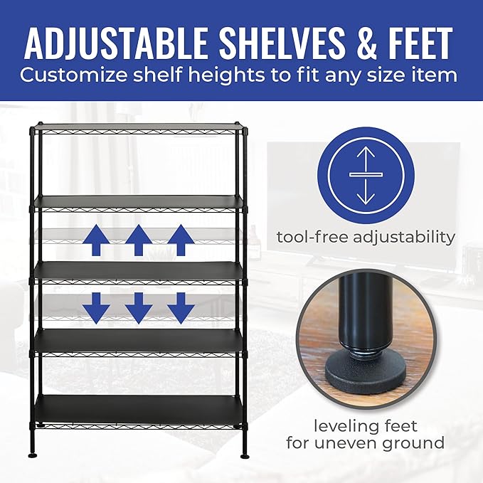 SafeRacks - NSF Certified Storage Shelves, Zinc, Heavy Duty Steel Wire Unit with Adjustable Feet, Garage or Bakers Rack, Kitchen, Pantry Shelf - (36"x14"x60" 5-Tier) (Black)