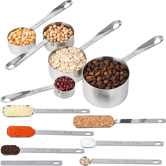 Nstezrne Stainless Steel Measuring Cups and Spoons Set of 12, 5 Dry Measuring Cups and 6 Measuring Spoons With Leveler for Kitchen