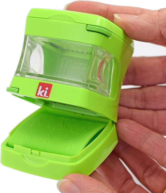 Kitchen Innovations Garlic-A-Peel Garlic Press, Crusher, Cutter, Mincer, and Storage Container - Includes Silicone Garlic Peeler - Easy to Clean - Stainless Steel Blades – (Green), standard