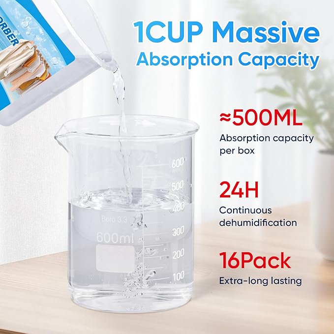 16 Pack Moisture Absorbers, 10.5 OZ Humidity Absorber Bucket, Moisture Absorbers for Closet, Dehumidifier Bucket for Wardrobes (Ocean Scent), Kitchens and Bathrooms