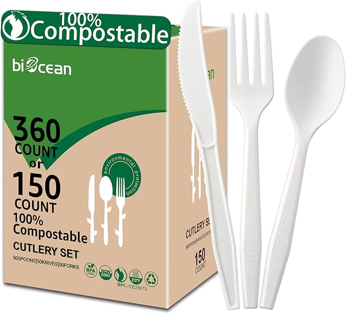 BIOCEAN 100% Compostable No Plastic Utensils - Heavy Duty Eco-Friendly Flatware for Lounge, Party, Wedding, BBQ, Picnic, Camping [Utensils Set, 360 Count]