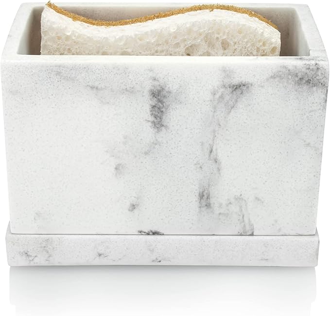 Essentra Home White Marble Kitchen Sponge Holder, Modern Kitchen Sink Caddy with Drain Tray
