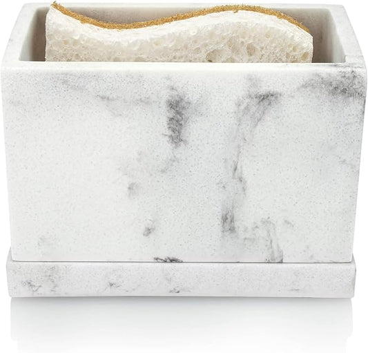 Essentra Home White Marble Kitchen Sponge Holder, Modern Kitchen Sink Caddy with Drain Tray