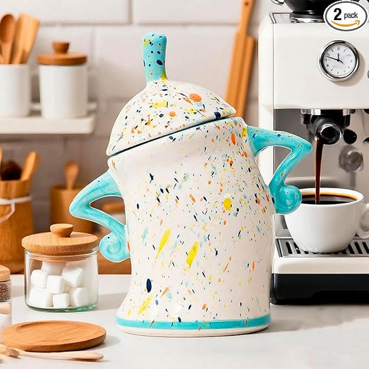 Antetek Canister With Attitude,Large Capacity Cute Sassy Storage Canister,Interesting food jars, stylish airtight large ceramic lids, coffee, tea, sugar and spice storage jars with spoons (Cyan)
