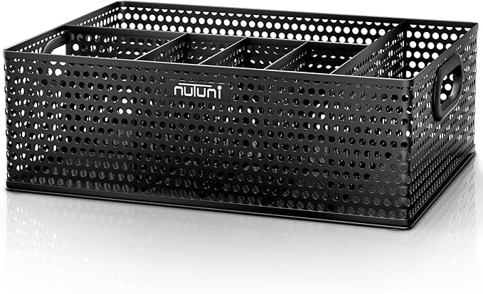 NUTUNI Paper Plate Organizer for Countertop, Perforated Metal Silverware Caddy for Plastic Spoon, Napkin, Utensils Holder with 6 Compartments for Party, Camping, Picnic