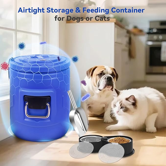 Newget 20lb Dog Food Storage Container, Stainless Steel Airtight Pet Food Storage Container and Durable Plastic Food Container, Large Metal Cat Food Container with Lid and Scoop to Keep Fresh