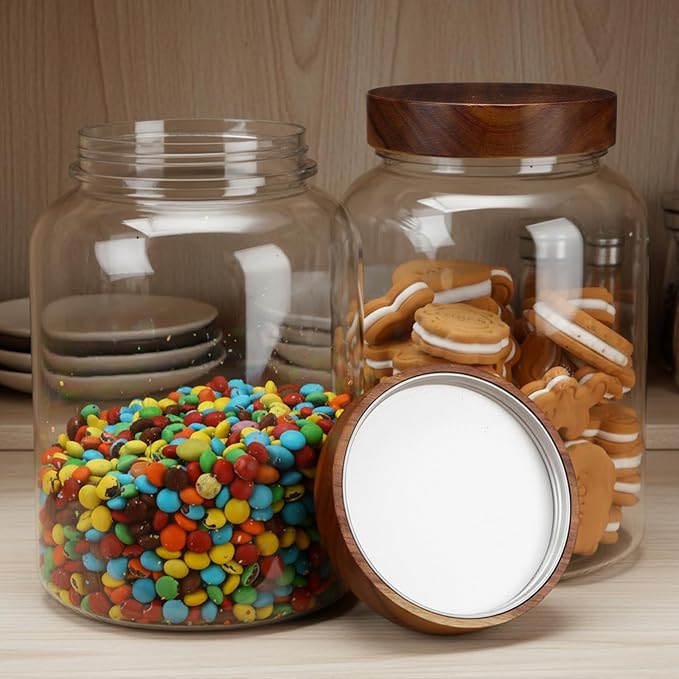 LemonRoad 4 Pcs 66 FL OZ (1950ml) Plastic Storage Jars with Airtight Wooden Lid Large Clear Food Storage Container Canister for Sugar, Tea, Spices, Coffee, Bean, Candy, Cookies, Kitchen