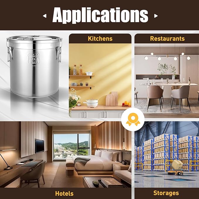 Stainless Steel Airtight Canister for Kitchen, 33L/8.7Gal Metal Food Storage Container Flour Bucket with Lid & Clamps, Bean Rice Cereal Canister Holder for Kitchen Restaurant, D15*H14.2in