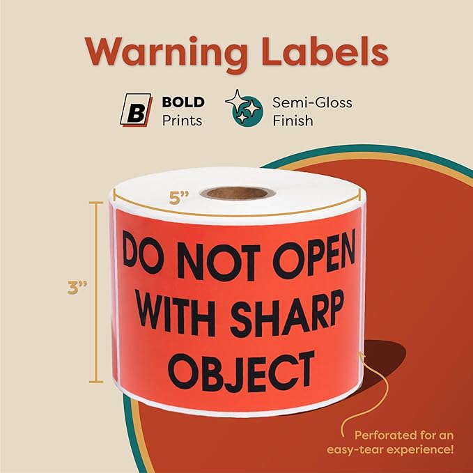 Aegis Adhesives - 3" X 5" Red Do Not Open with Sharp Object Stickers - Warning Labels with Permanent Adhesive (1 Roll, 500/Roll)