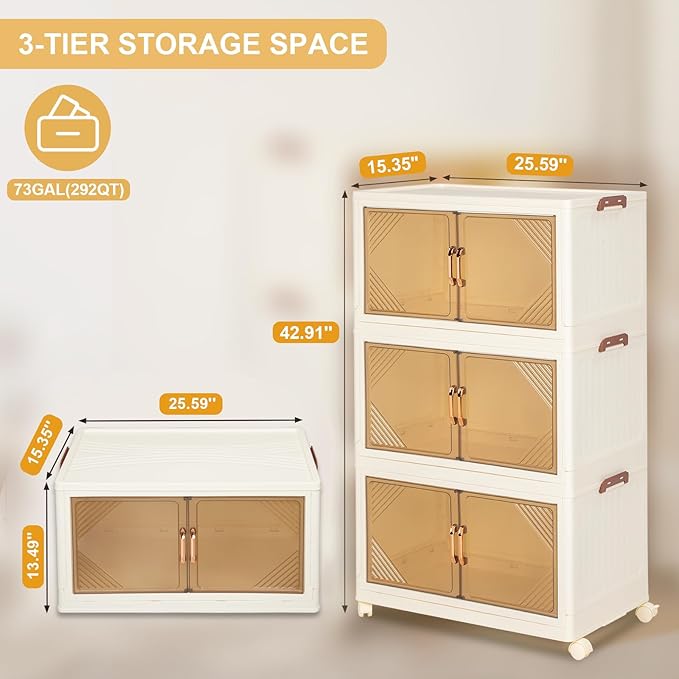 3-Tier Storage Bins with Lids, 97QT Stackable Bins with Wheels, Closet Organizer Storage, Plastic Large Collapsible Storage Containers for Home, Bedroom, Office Organization (3-Tier 97QT)