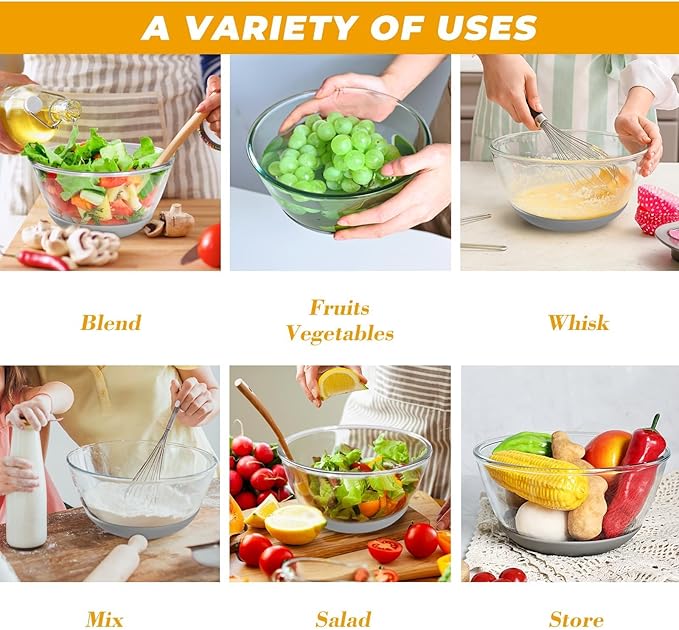 Mrs. Chou Glass Mixing Bowls HEAVY DUTY Top Choice for High-end Kitchens Extra-thick Glass Mixing Bowl Set of 3 with BPA-Free Airtight Lids Large Nesting Bowls with Non-Slip Silicone Base Well-made