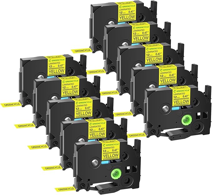 GREENCYCLE 10 Pack Compatible for Ptouch TZe-631 AZE 631 TZ631 TZ-631 1/2" 12mm 0.47 inch Laminated Black on Yellow TZ TZe Label Tapes Used in PTH110 PT-D200 PTD600 D400 Label Makers
