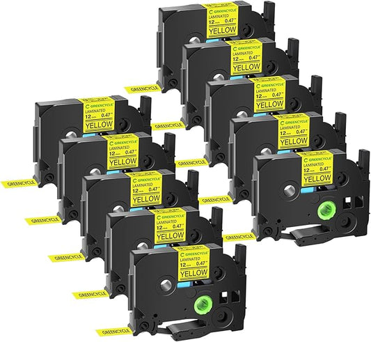 GREENCYCLE 10 Pack Compatible for Ptouch TZe-631 AZE 631 TZ631 TZ-631 1/2" 12mm 0.47 inch Laminated Black on Yellow TZ TZe Label Tapes Used in PTH110 PT-D200 PTD600 D400 Label Makers