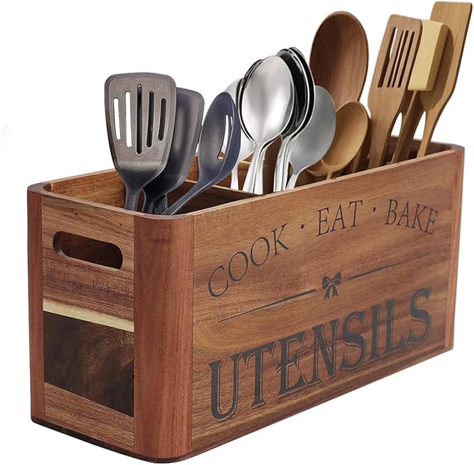 RMCOKGX Utensil Holder for Kitchen Countertop - Extra Large 4 Compartment Wooden Organizer in Acacia Wood, Storage for Cooking Tools and Cutlery, Farmhouse Style for Home Cooking