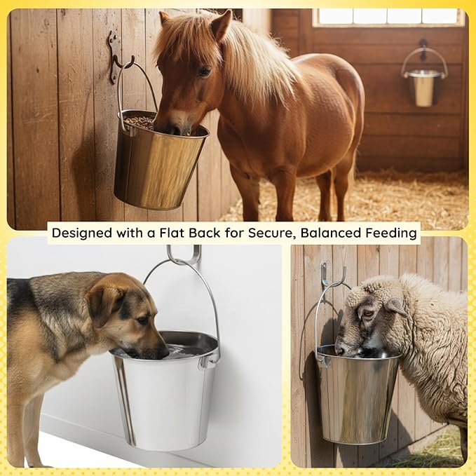 9 quart Stainless Steel Flat Side Bucket | 2.25 gal Durable Heavy Duty Food & Water Feeding Pails for Dog Goat Sheep horse | Fits kennel Cage Critter Crate Hanging Pet Pail | Multipurpose
