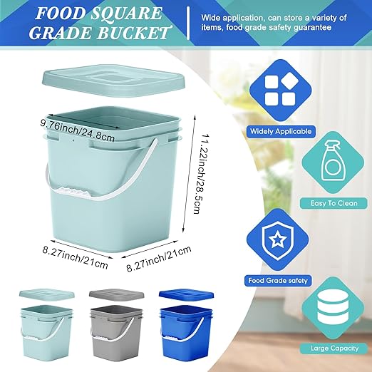 Mumufy 3 Pcs 3.5 Gallon Square Food Grade Bucket with Lid Square Bucket Pail with Plastic Handles for Storing Dry Food, Charcoal, Camping, Fishing (Aqua,Gray,Blue)