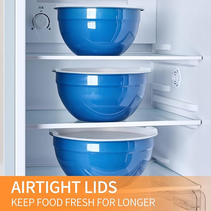 Moxinox Blue Mixing Bowls with Airtight Lids, Stainless Steel Nesting Mixing Bowls Set of 7, Ideal for Baking, Prepping and Serving Food, Size 7, 3.6, 2.7, 2.1, 1.5, 1.1,0.8 QT, Stackable Design