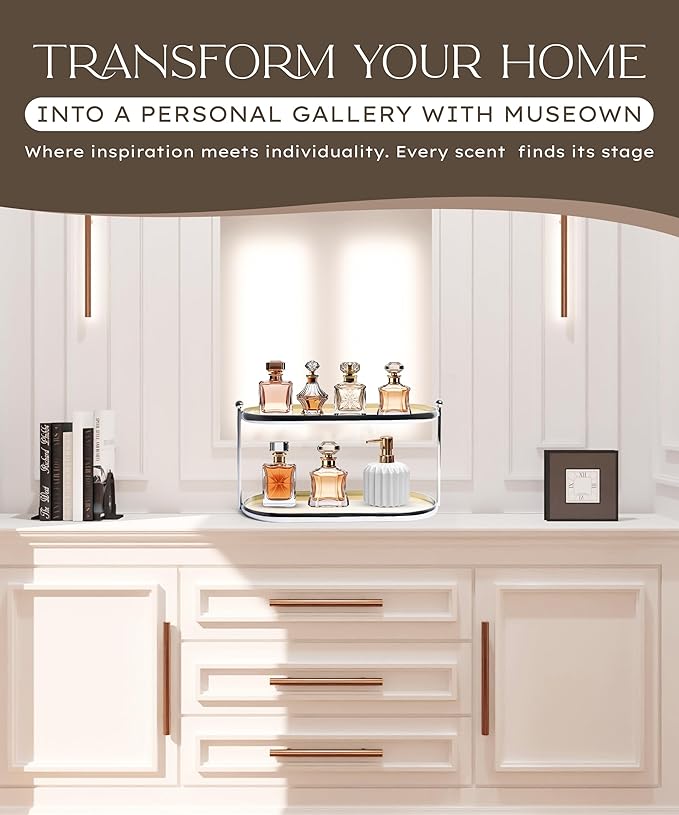 MUSEOWN 2 Tier Metal Frame Perfume Organizer in Stylish,and Minimalist Perfume Tray-Elegant Countertop Display Shelf for Skincare,Makeup,Trinket for Dresser,Vanity,Bathroom (Creamy White)