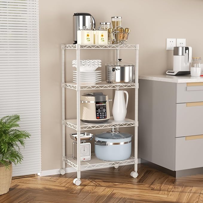SINGAYE 4 Small Shelves Storage Shelf Wire Shelving Unit Metal Shelf Adjustable Organizers Storage Shelving with Wheels for Bathroom Laundry Room Kitchen Pantry11.5”D x 17.5”W x 30.5”H White